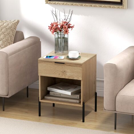 Table de Chevet avec Station de Recharge Table de Nuit avec Tiroir et Compartiment Ouvert Table d'Appoint avec Grain de Bois Naturelle Maison Chic
