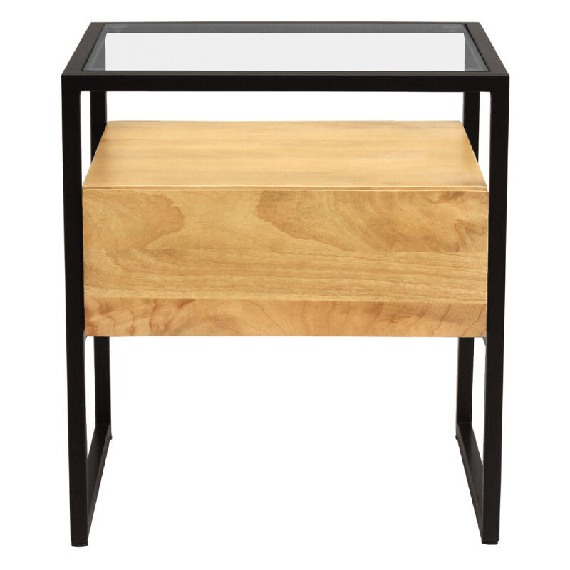 Table de chevet avec tiroir en bois manguier massif, verre et métal noir L50 cm diya