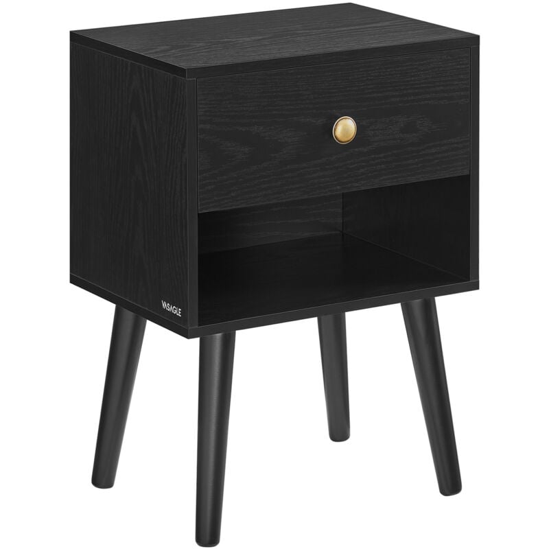 Table de Chevet avec Tiroir et Compartiment Ouvert, Pieds en Bois, Noir Boisé
