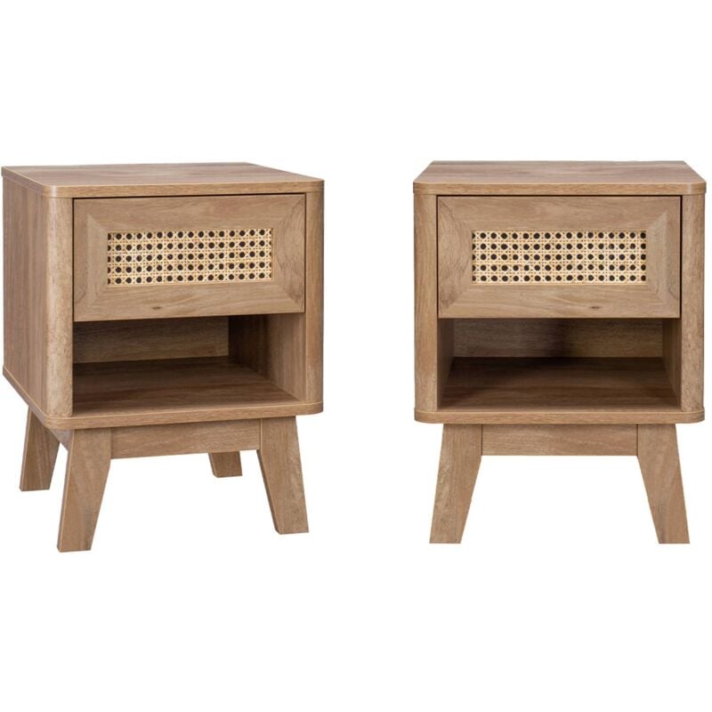 Lot de 2 tables de chevet avec 1 tiroir et 1 niche effet bois et cannage. pieds eucalyptus