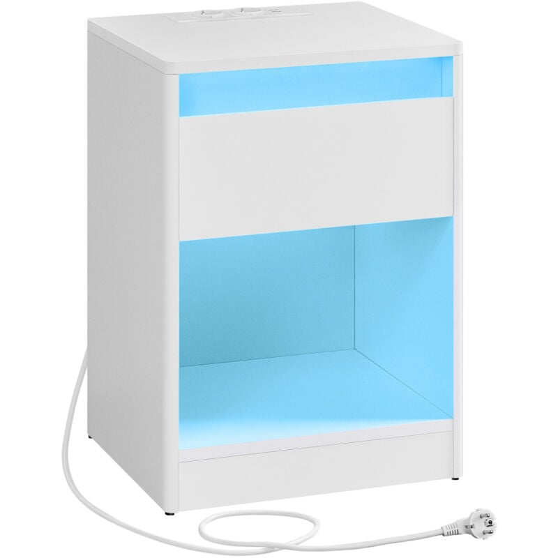 Table de Chevet avec Tiroir, Multiprise, Lumières led Réglables, 2 Prises Électriques, 2 Ports usb, Moderne, Blanc Nuage