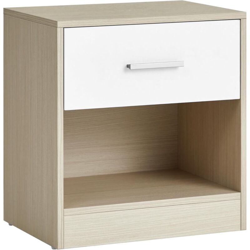 Table de Chevet, avec tiroir, poignée, compartiment ouvert, 39 x 28 x 41 cm (l x p x h), table d'appoint, Beige Naturel et Blanc Classique