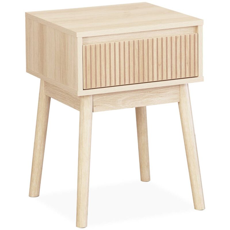 Table de chevet avec un tiroir. Panneaux stratifiés couleur naturelle. Pied en bois de sapin. l 39 x 39 x h 55.4cm linear