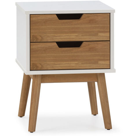 Table de chevet Baku 2 tiroirs blanc/bois, bois de pin massif