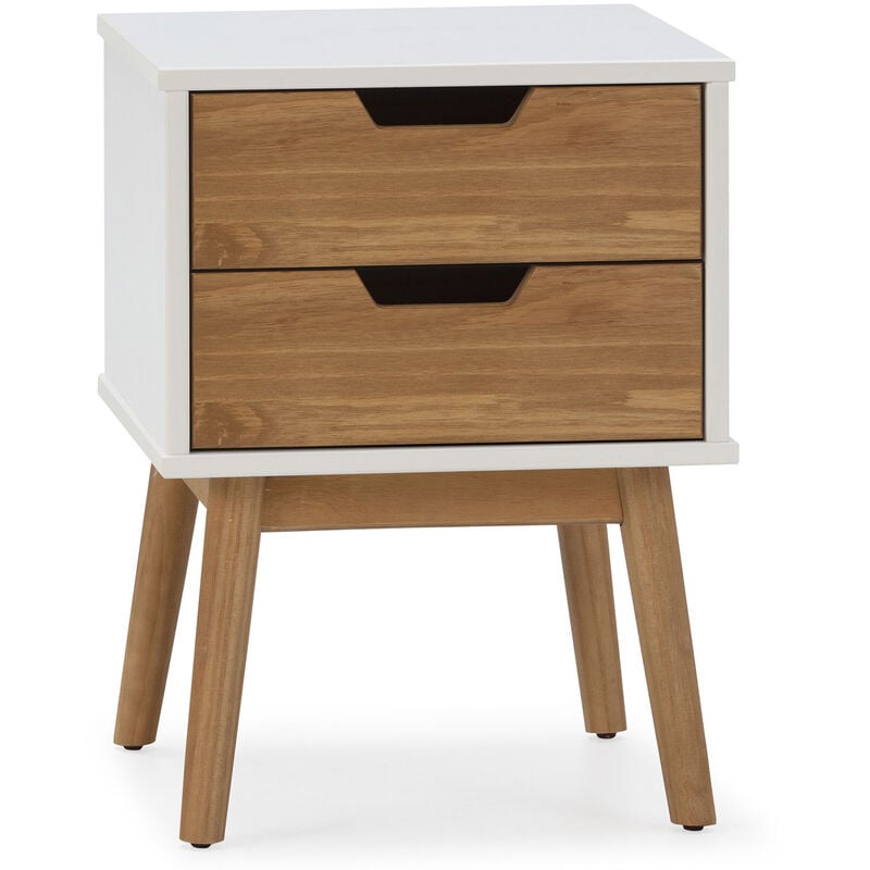 Table de chevet Baku 2 tiroirs blanc/bois, bois de pin massif