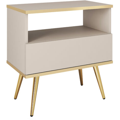 Table de chevet, Beige, pieds dorés, 54 × 59 × 39 cm