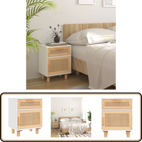 Table de chevet Blanc Bois de pin massif et rotin naturel - Table De Chevet - Meuble De Chambre - Commode - Armoire D'appoint - Décoration Intérieure