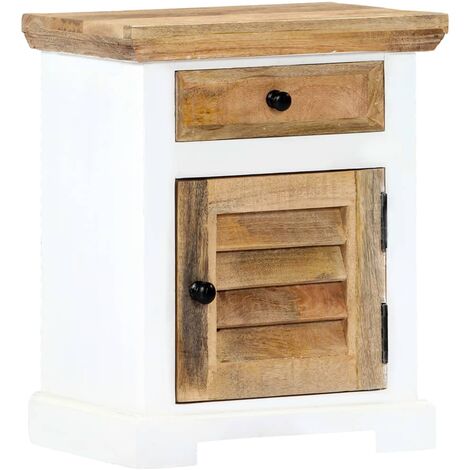 Table De Chevet Blanc Et Marron 40x30x50cm Manguier Solide Brut