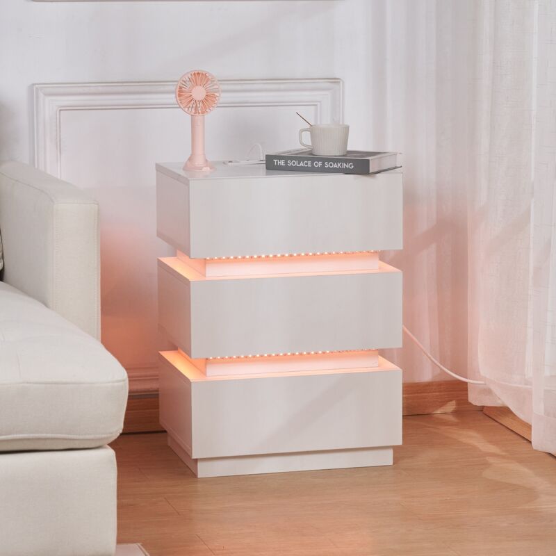 Sifree - Table de Chevet Blanche 3 Tiroirs led + Prise usb - Meuble Multifonction 42x32x63cm (16.5x12.6x24.7'') Ambiance Lumineuse - Design Compact