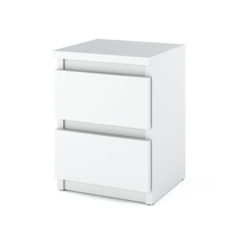 Table de chevet blanche 30 cm – 2 tiroirs avec glissières à billes – Matériau panneau laminé – Finition blanc mat
