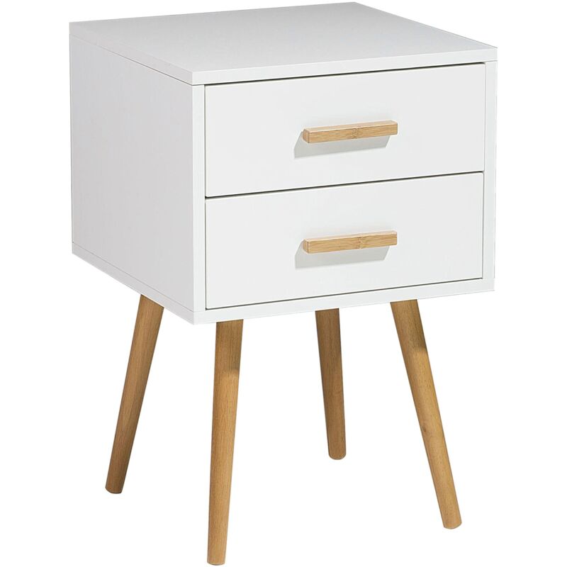 Beliani - Table de Chevet au Style Scandinave conçu en Panneau à Particule Blanc et Pieds en Bois d'Hévéa avec 2 Tiroirs 40 x 40 x 61 cm