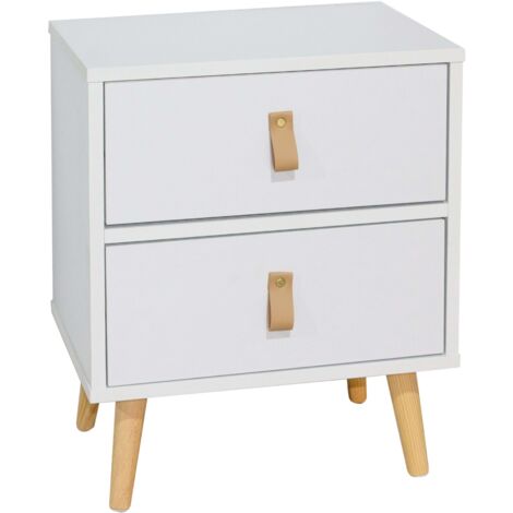 Table de chevet blanche avec 2 tiroirs, Anzio, chambre moderne, pieds en bois, 50x40x30 cm
