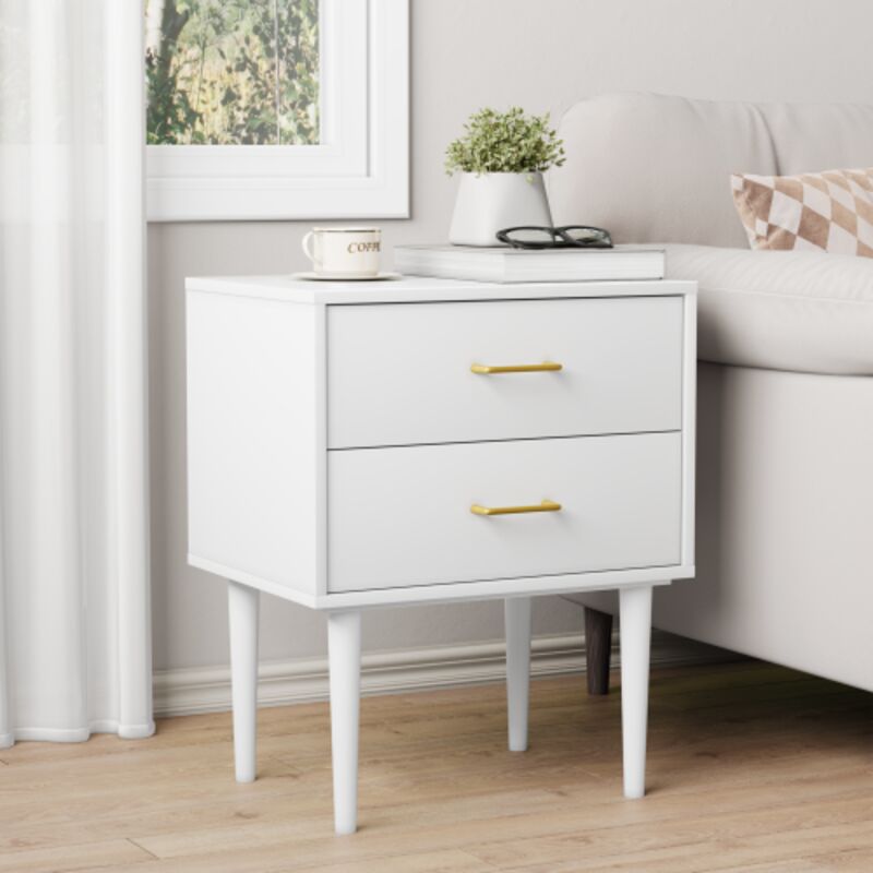 Table de chevet blanche avec 2 tiroirs et pieds en bois