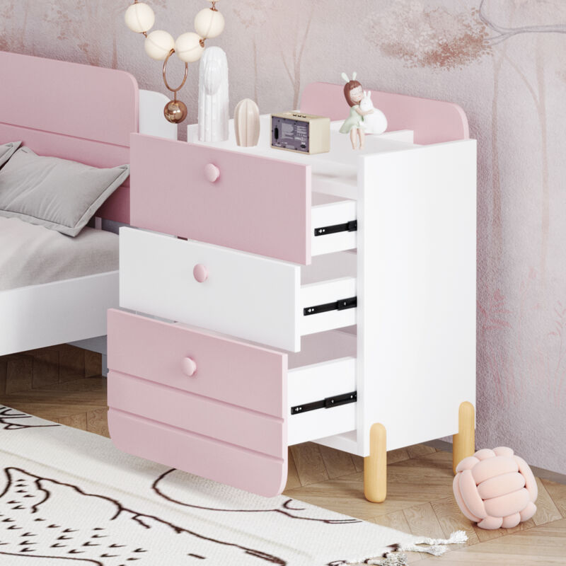 Table de chevet avec 3 tiroirs silencieux avec étagères, pieds bois, blanc et rose