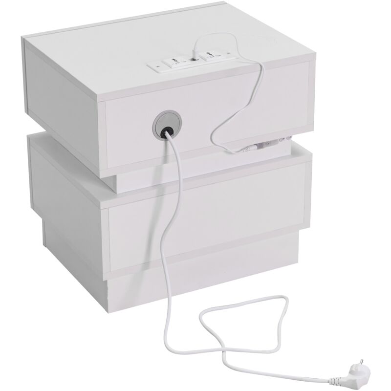 Table de Chevet Blanche avec Éclairage LED Intelligent 16 Couleurs + 4 Modes - 2 Tiroirs Coulissants & Prise USB Intégrée Design Compact 42x32x45cm