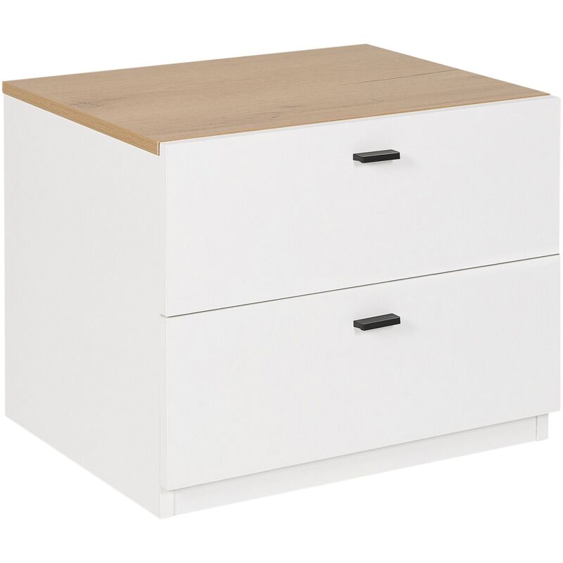 Beliani - Table de Chevet Blanche avec Plateau Supérieur Bois Clair et 2 Tiroirs Pratiques Intégrés Ajout Idéal pour Chambre à Coucher Scandinave