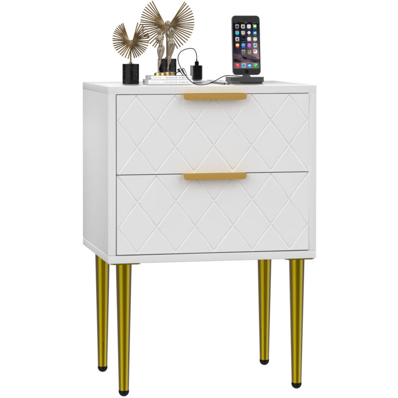 Table de Chevet Blanche en Bois Massif de Pin - 2 Tiroirs & Ports USB/Prise Intégrés, Pieds Dorés Métalliques - Design Élégant & Gain de Place pour