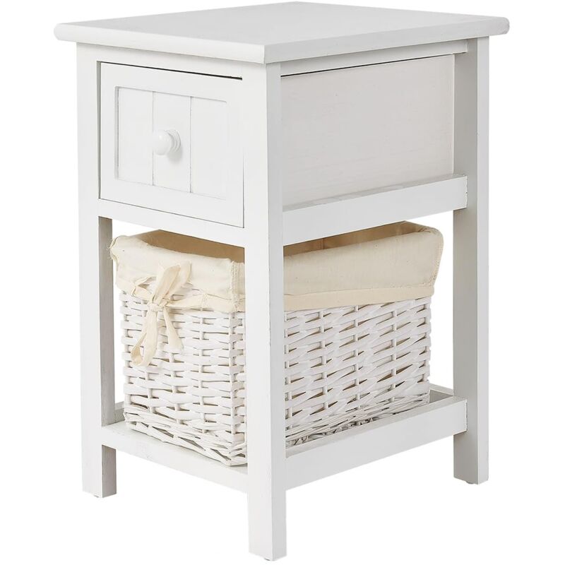 Table de chevet blanche Shabby Chic avec tiroir et panier en osier