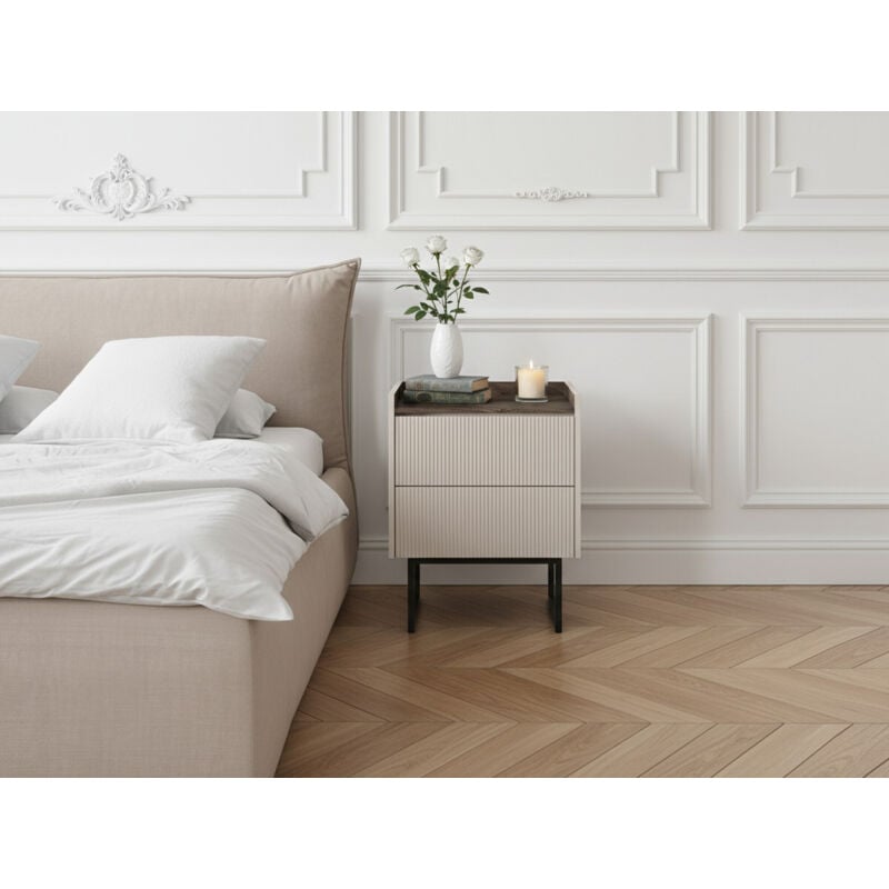 Table de chevet 2 tiroirs louna beige et effet bois avec tasseaux et led - Bobochic