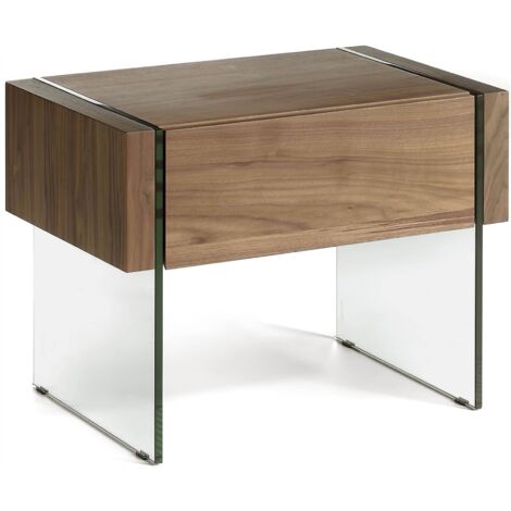 Table de chevet bois côtés en verre trempé 1 tiroir système push et fermeture souple - Noyer, transparent