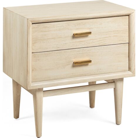Table de chevet bois de cèdre blanc voilé poignées dorées - bois clair blanc voilé poignées dorées
