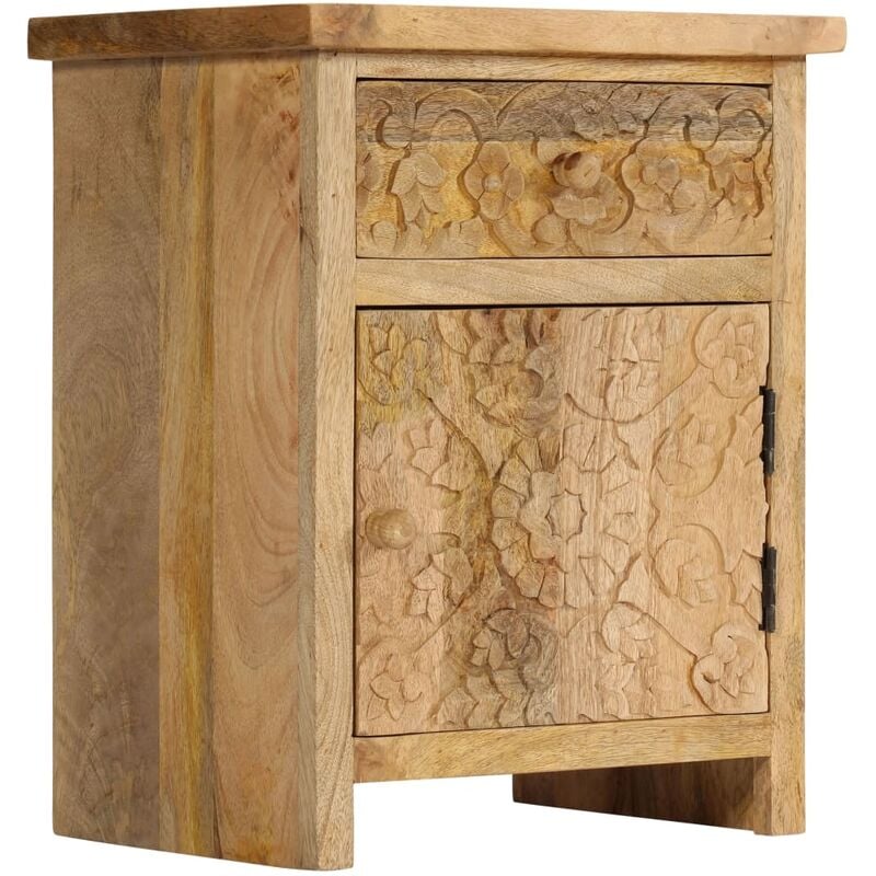Table de chevet en bois à mangue avec porte et tiroir finement sculptés