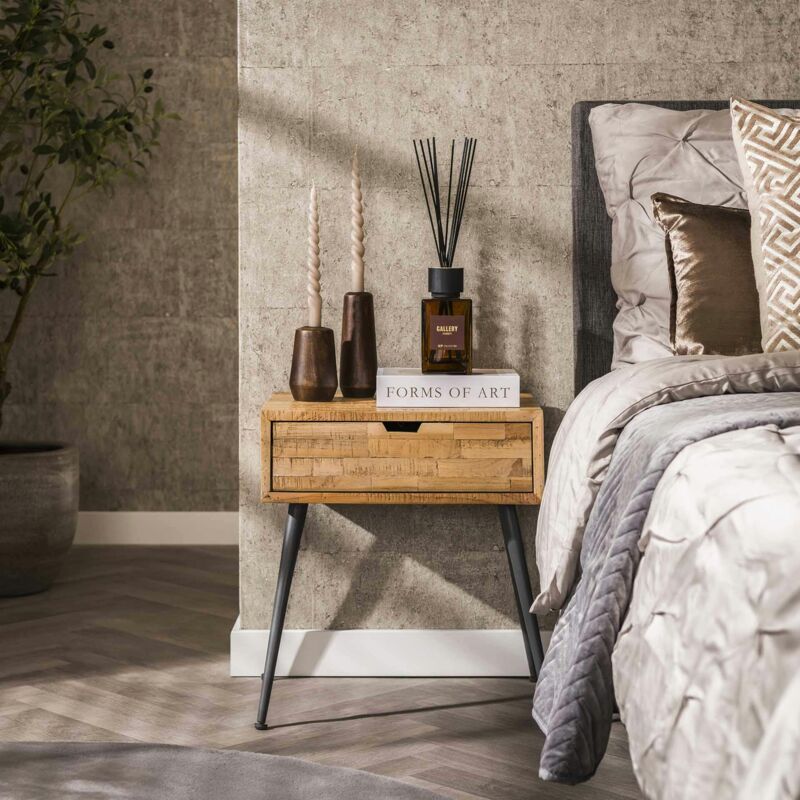 Table de chevet bois de teck recyclé métal java