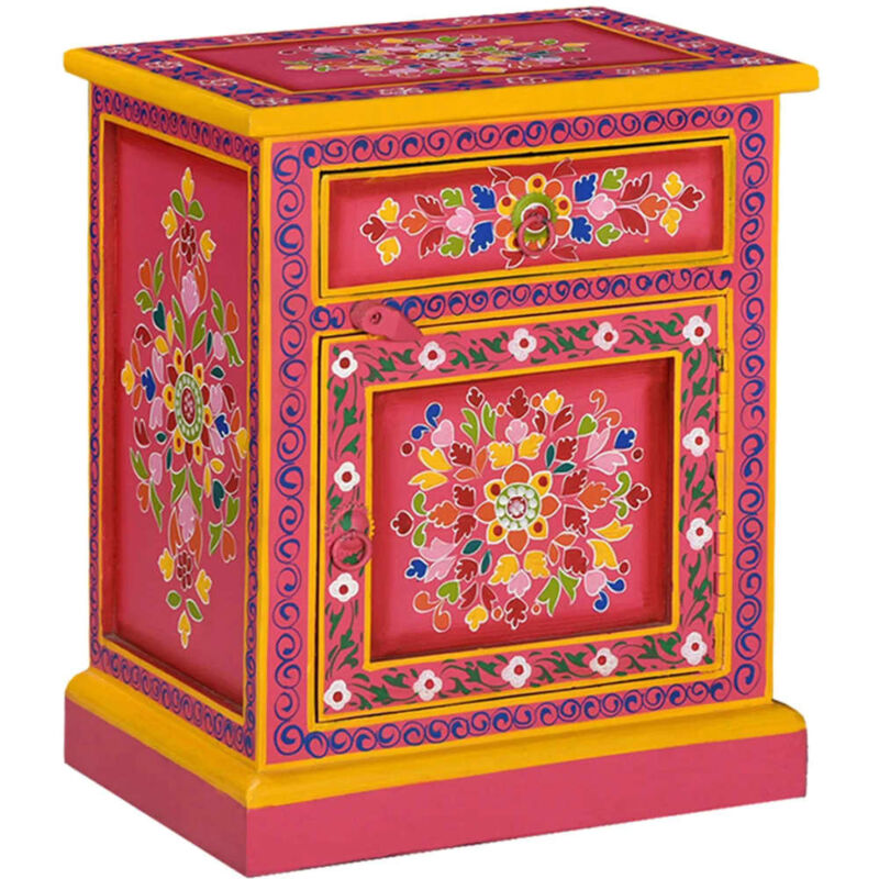 Vidaxl ? Table de chevet en bois de manguier massif ? Peinture &agrave; la main ? 1 tiroir et 1 armoire ? Dimensions 40x30x50 cm ? Style r&eacute;tro multicolore