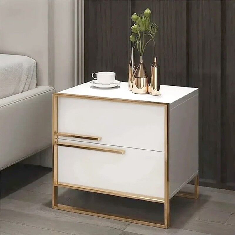 Tables De Chevet Or Veneto - Blanc, Bois, Acier inoxydable, Rectangulaire, Style Contemporain, 50 x 40 x 50 cm - Meubler Design