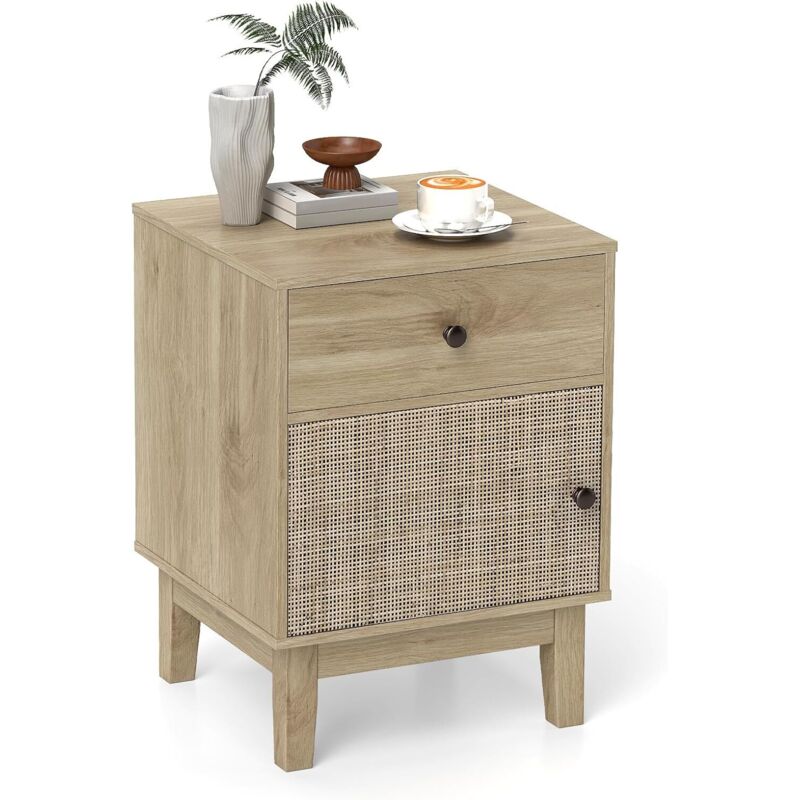 Table de Chevet Bois, Table de Nuit Rotin avec Tiroir, Petite Armoire à Porte Cannage, Chevet de Lit Bohème, Chambre, Noir (2) (1,Naturel)