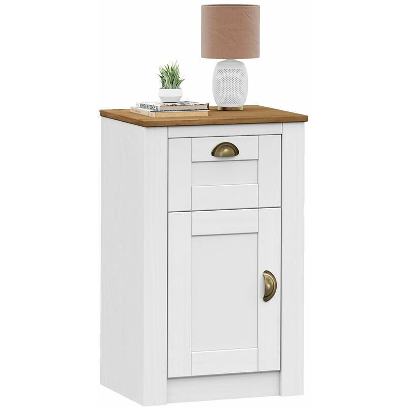 Table de chevet bolton avec 1 tiroir et 1 porte, en pin massif lasuré blanc et brun