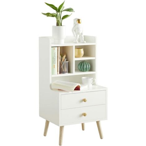 Table de Chevet Bout de Canapé, 1 Tiroir + 2 Étagères, Rangement Moderne pour Salon/Chambre/Bureau, MDF Blanc Contemporain, L43×P36×H81 cm, SoBuy FBT100‑W