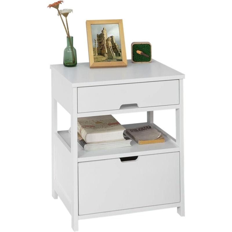 Table de Chevet Bout de Canapé Table d'Appoint avec 2 tiroirs et 1 étagère de Rangement Sobuy FRG258-W