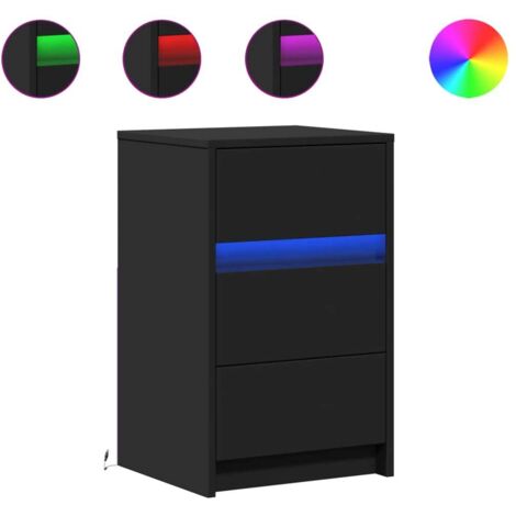 Table de chevet Cabinet de chevet Table de nuit avec lumières LED noir bois d'ingénierie