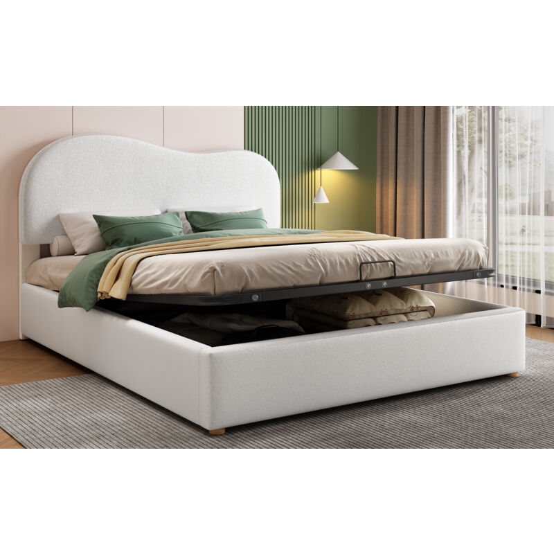 Redom - Lit rembourré double, tête de lit réglable, avec sommier à lattes en métal, espace de rangement, 140x200cm, en velour, blanc