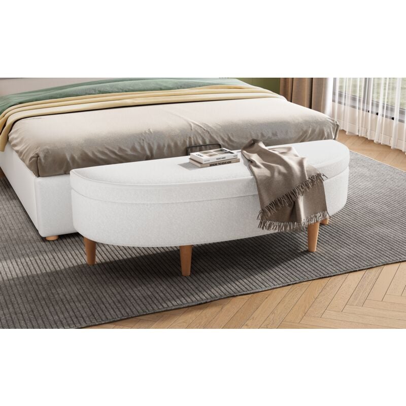 Banquettes, surface de tabouret semi-circulaire, avec rangement,119x40x39CM, en velour, bois + MDF, blanc