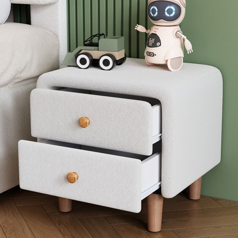Redom - Table de chevet capitonnée 2 tiroirs avec patins silencieux et poignée ronde en bois, pieds en bois, mdf + pin, blanc