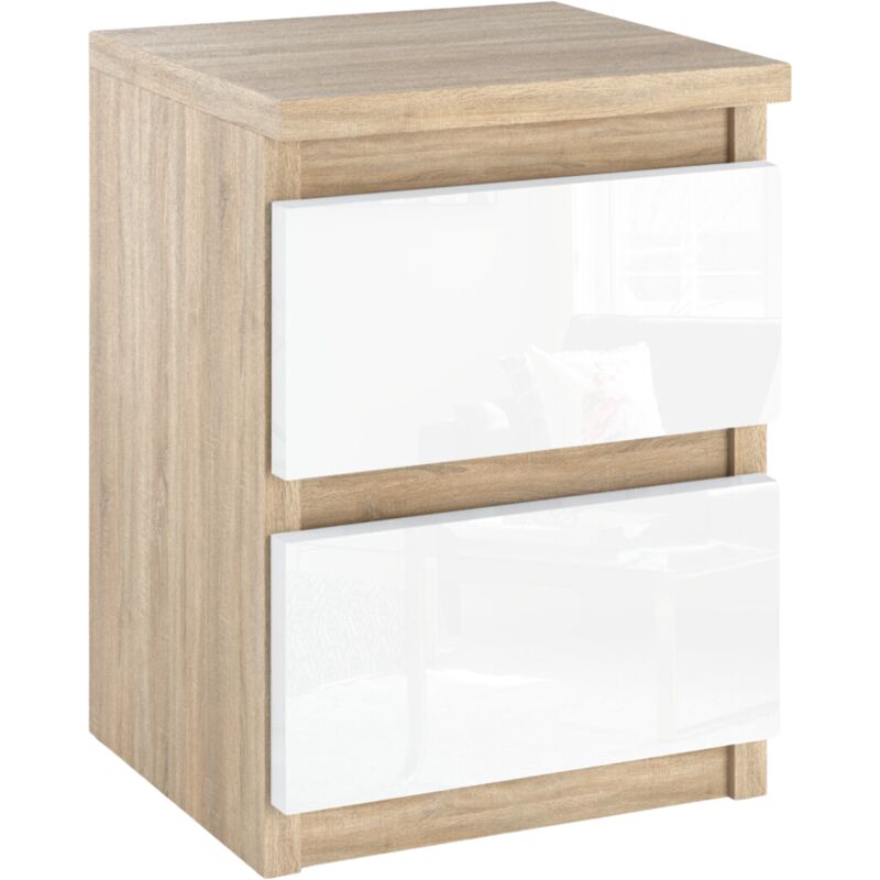 Table de chevet, CHÊNE SONOMA, BLANC BRILLANT, 30CM, 2 TIROIRS, TABLE TV POUR LA CHAMBRE