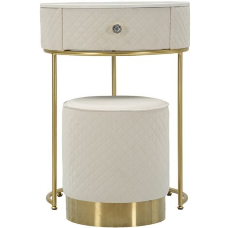 Table de chevet/coiffeuse avec pouf Vellit crème, Ø 52 x 70 cm - 36 x 39 cm