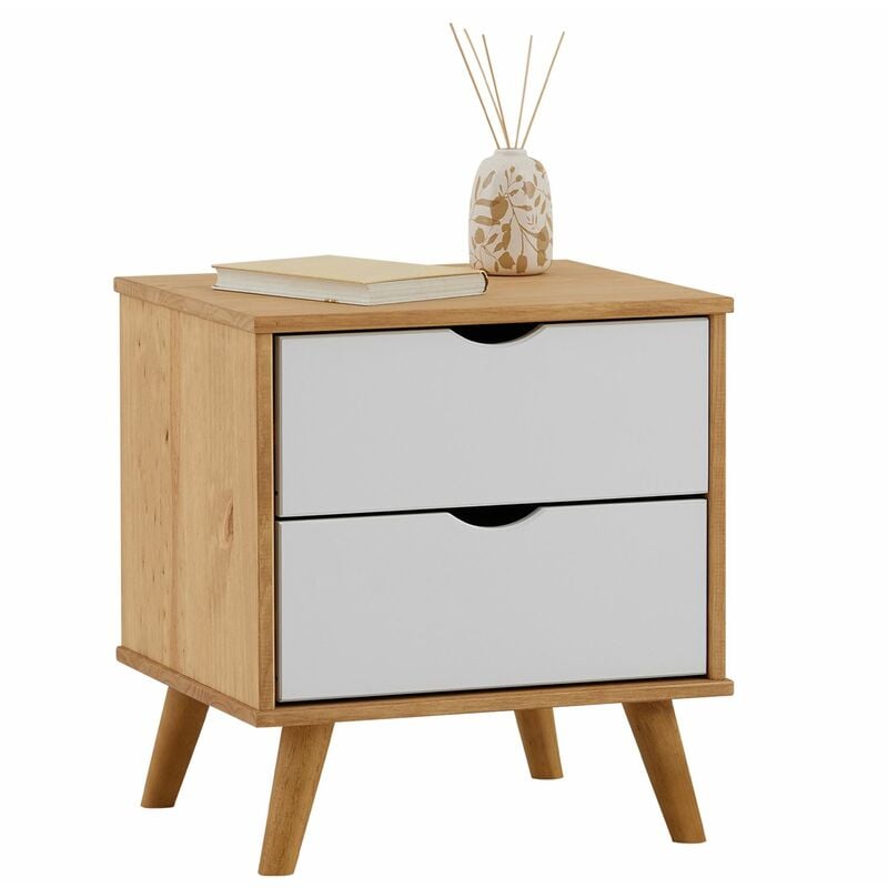 Table de chevet colima en pin massif avec 2 tiroirs coloris blanc et naturel