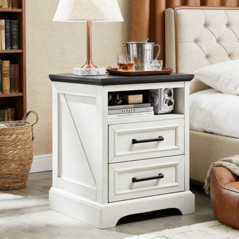 Table de Chevet Commode  45,7 cm avec Station de Charge, Table d'Appoint à 2 Tiroirs de Rangement - Idéal pour Chambre à Coucher & Salon - Panneau de Particules Blanc