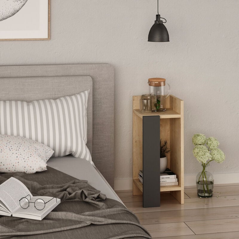 Table de Nuit Droite en Chêne et Anthracite, 25x60 cm, Pour Chambre Contemporaine ou Appartement