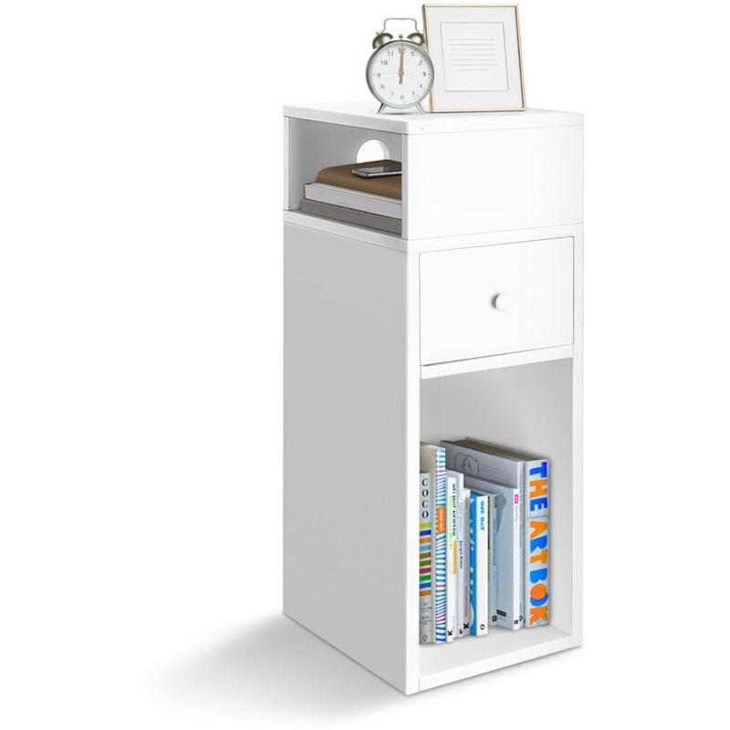Vounot - Table de chevet d'appoint avec tiroir et compartiment 25x30x66cm blanc