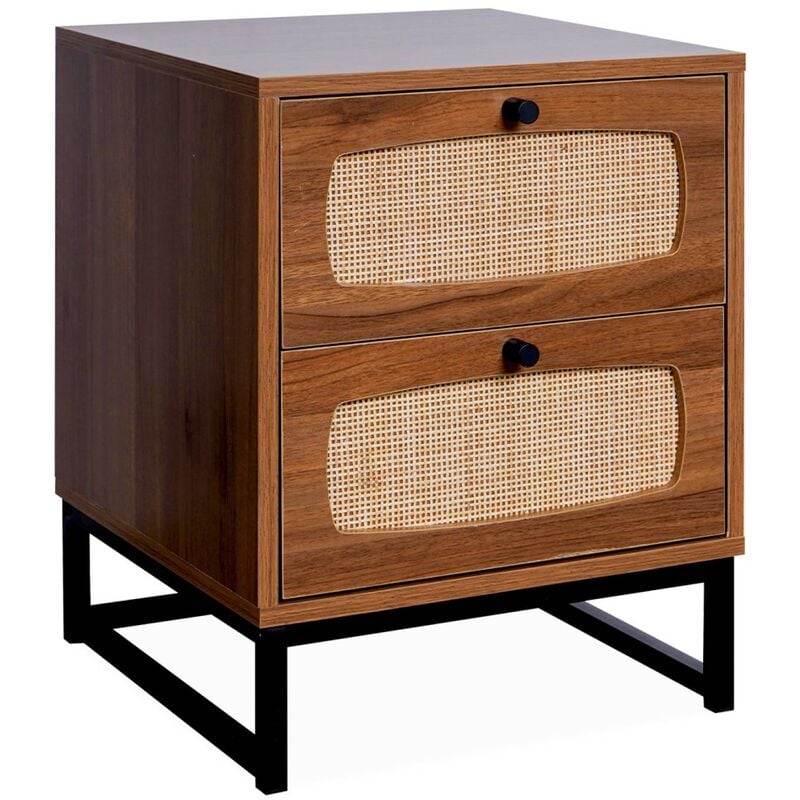 Table de chevet en décor bois et cannage avec pieds et poignées en métal noir