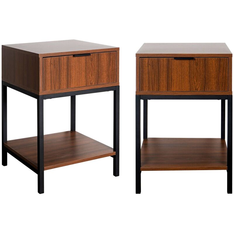 Lot de deux tables de chevet coloris noyer avec pieds et poignée en métal noir - 1 tiroir et 1 étagère