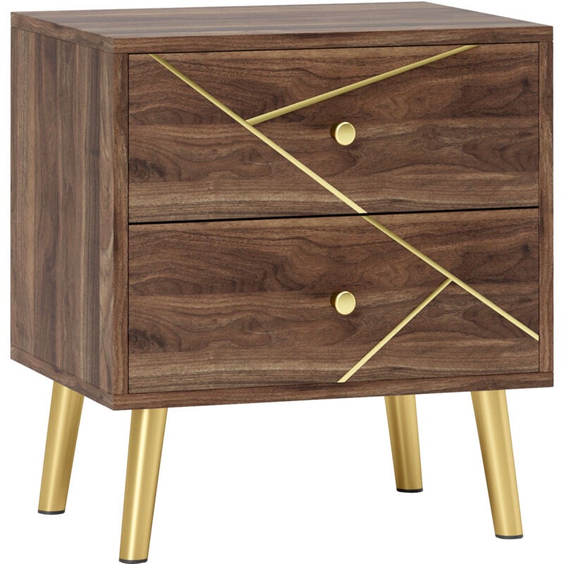 Table de chevet design 2 tiroirs piètement effilé incliné acier poignées boutons lignes dorées effet bois