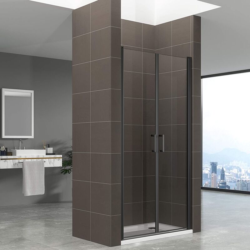 Porte de douche 76x180 cm verre transparent profilés noir - ajustable de 76 à 79 cm