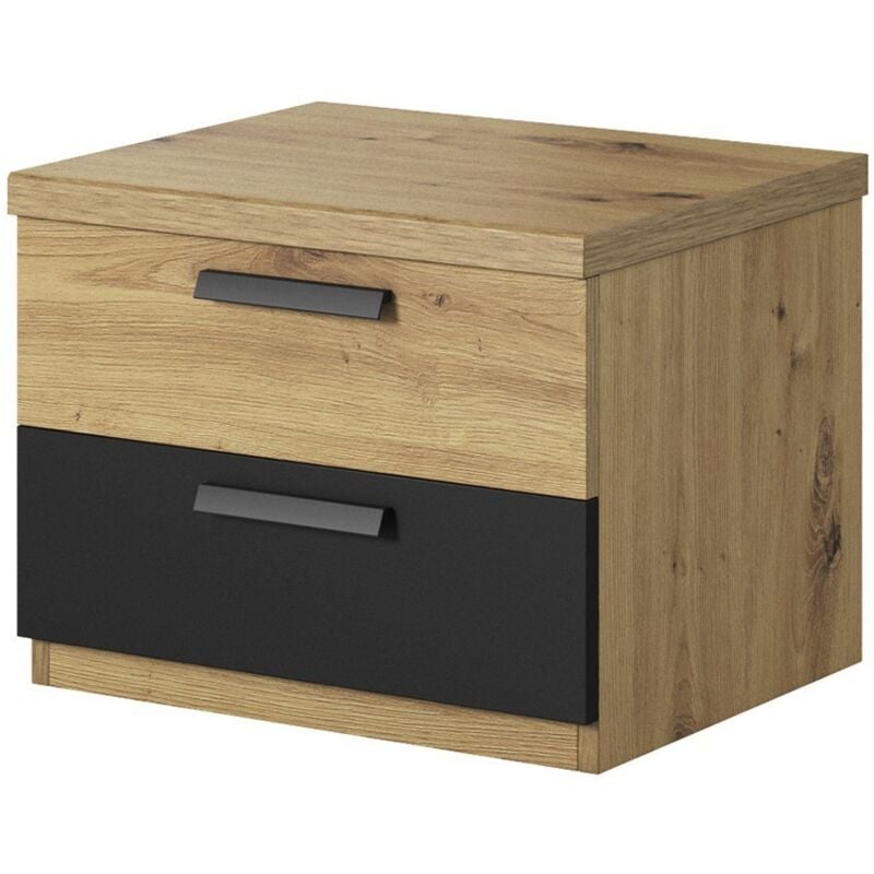 Meublorama - Table de chevet deux tiroirs, collection fox. Coloris chêne clair et noir.