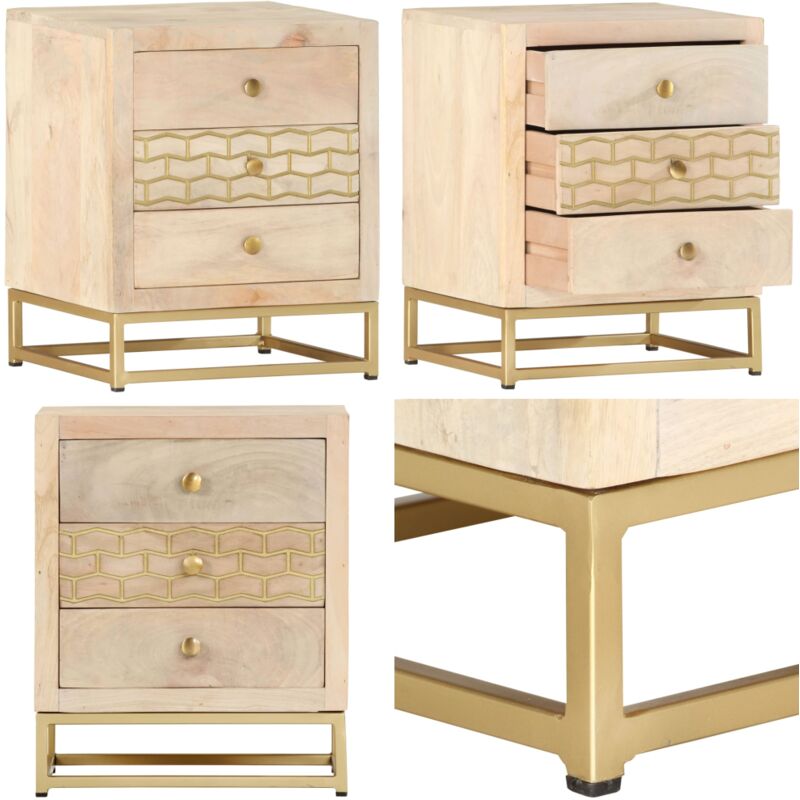 Table de chevet doré 40 x 30 x 50 cm bois de manguier massif - Table De Chevet - Table Nuit - Mobilier Chambre - Meuble Retro - Bois De Manguier