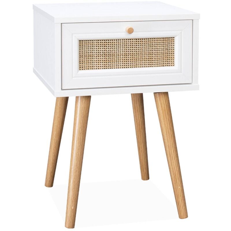 Table de chevet effet bois & cannage avec 1 tiroir - coloris blanc - Bohème